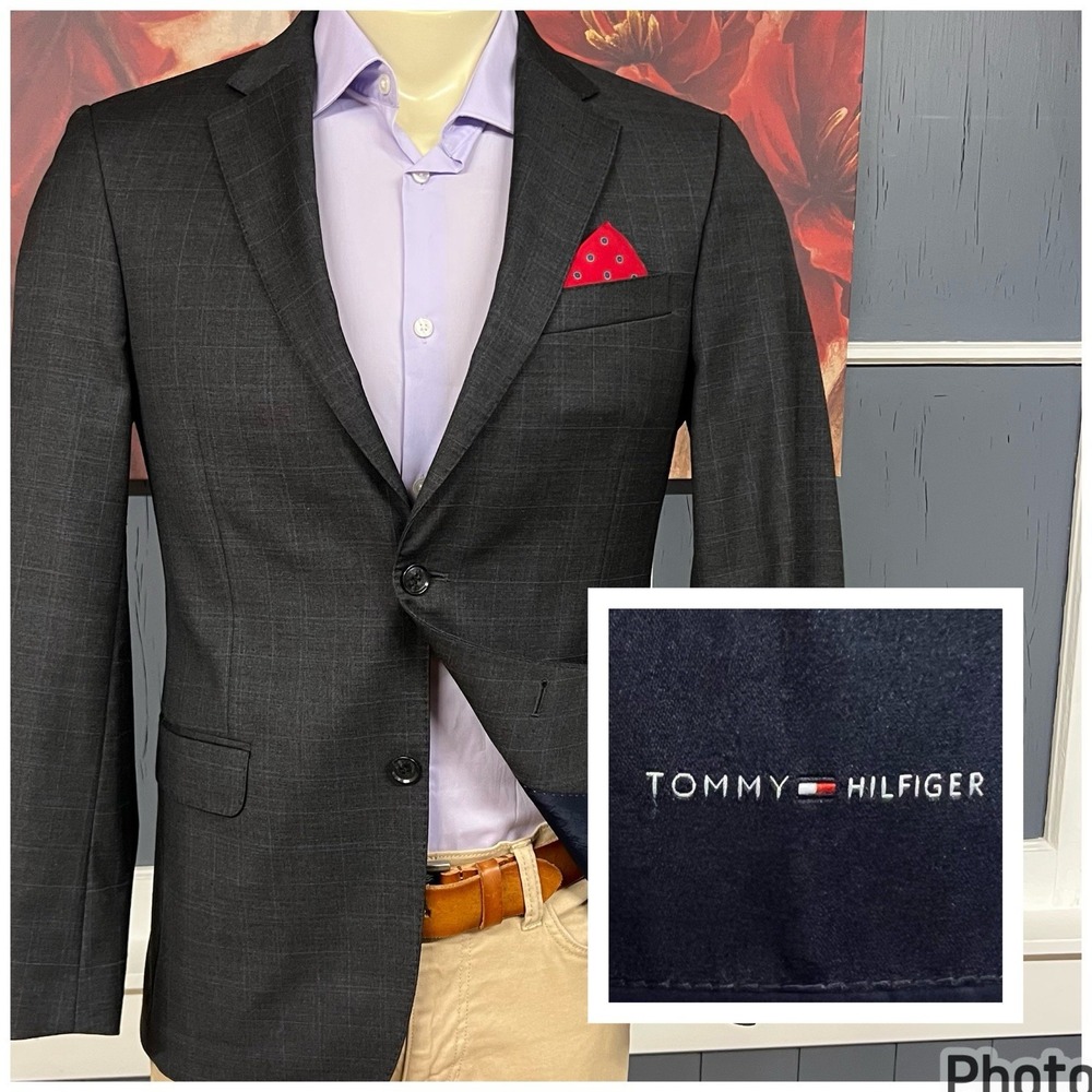 Tommy Hilfiger Blazer Sport Coat Mens 38R Wool Blend Stretch Dark Gray/Blue